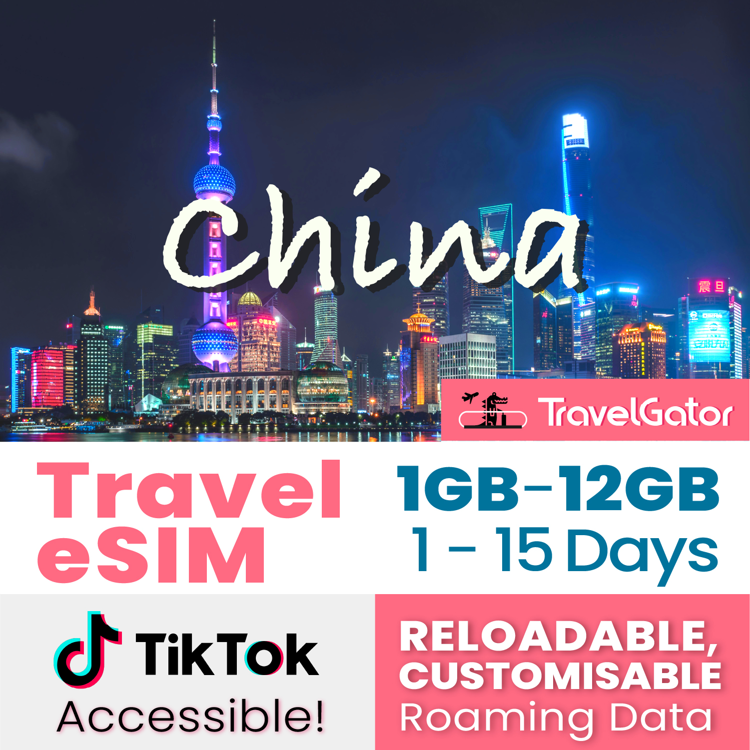 Data Gators China eSIM Roaming Data 1- 12GB, 1- 15 days | true no speed reduction ...